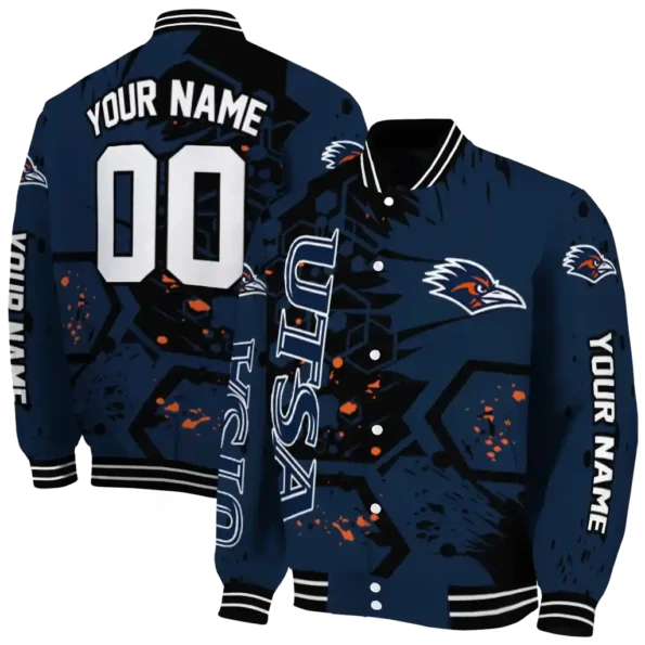 customized utsa roadrunners hexagon cluster orange black varsity jacket fashion forward.webp