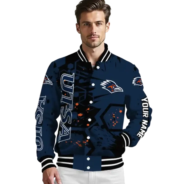 customized utsa roadrunners hexagon cluster orange black varsity jacket high quality.webp