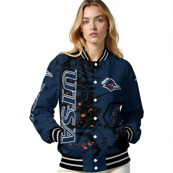 customized utsa roadrunners hexagon cluster orange black varsity jacket latest model.webp