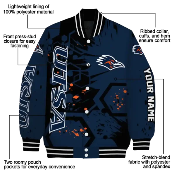 customized utsa roadrunners hexagon cluster orange black varsity jacket new arrival.webp