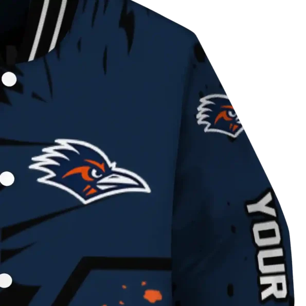 customized utsa roadrunners hexagon cluster orange black varsity jacket premium grade.webp