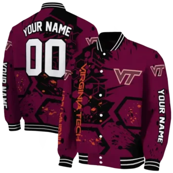 customized virginia tech hokies hexagon cluster maroon black varsity jacket fashion forward.webp
