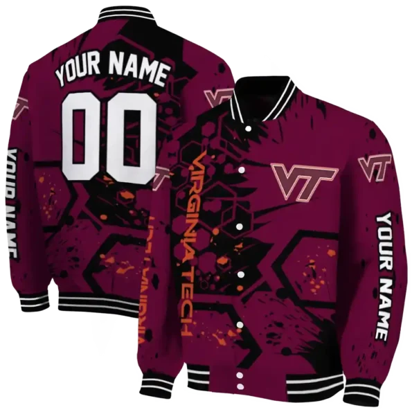 customized virginia tech hokies hexagon cluster maroon black varsity jacket fashion forward.webp