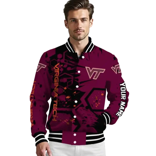customized virginia tech hokies hexagon cluster maroon black varsity jacket high quality.webp