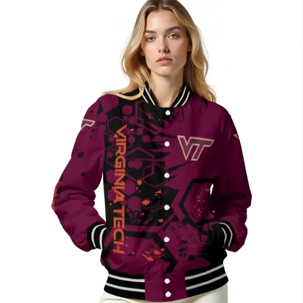 customized virginia tech hokies hexagon cluster maroon black varsity jacket latest model.webp