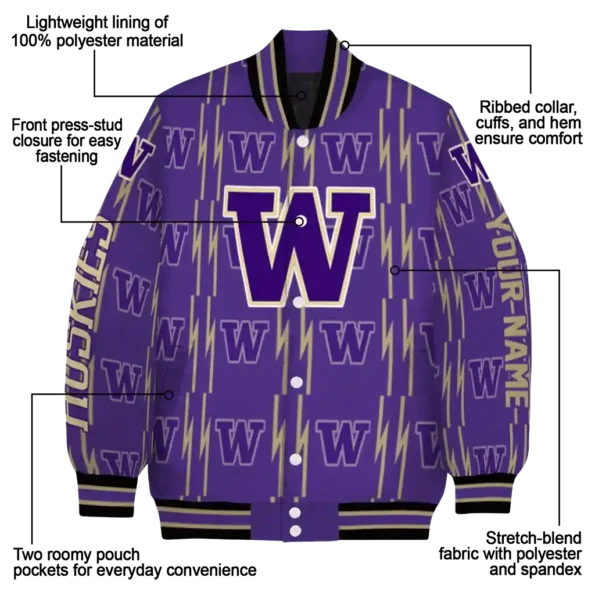 customized washington huskies bolt stripe purple varsity jacket new arrival.webp