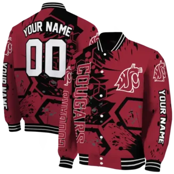 customized washington state cougars hexagon cluster crimson black varsity jacket fashion forward.webp