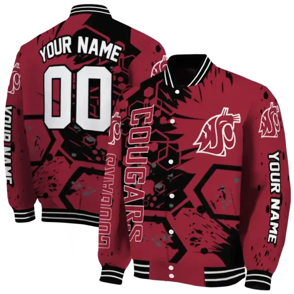 customized washington state cougars hexagon cluster crimson black varsity jacket fashion forward.webp