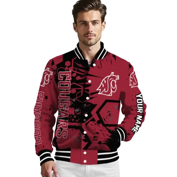 customized washington state cougars hexagon cluster crimson black varsity jacket high quality.webp