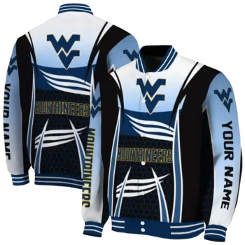 customized west virginia mountaineers mesh effect blue black varsity jacket fashion forward.webp