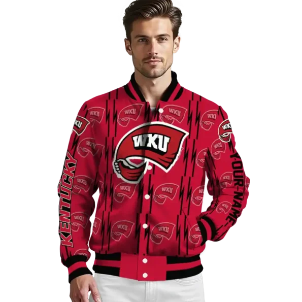 customized western kentucky hilltoppers bolt stripe red varsity jacket high quality.webp