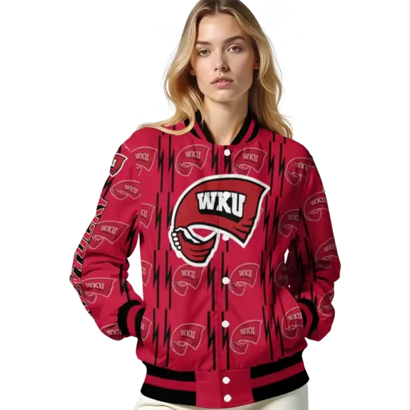 customized western kentucky hilltoppers bolt stripe red varsity jacket latest model.webp