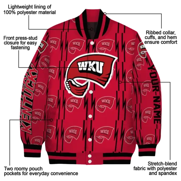customized western kentucky hilltoppers bolt stripe red varsity jacket new arrival.webp