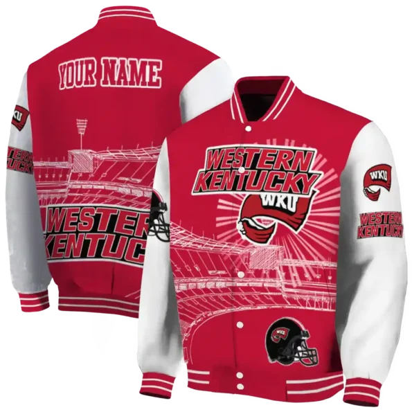 customized western kentucky hilltoppers ferris arena red white varsity jacket fashion forward.webp