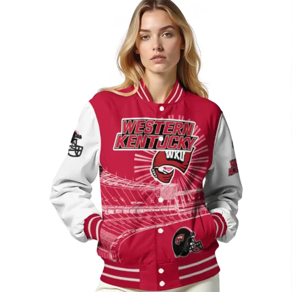 customized western kentucky hilltoppers ferris arena red white varsity jacket latest model.webp