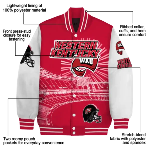 customized western kentucky hilltoppers ferris arena red white varsity jacket new arrival.webp