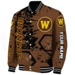 customized western michigan broncos hexagon cluster brown black varsity jacket best selling.webp