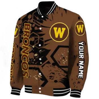 customized western michigan broncos hexagon cluster brown black varsity jacket best selling.webp