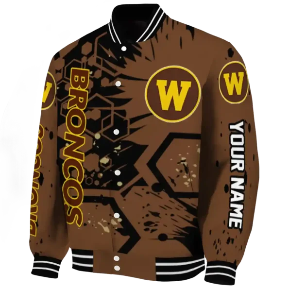 customized western michigan broncos hexagon cluster brown black varsity jacket best selling.webp