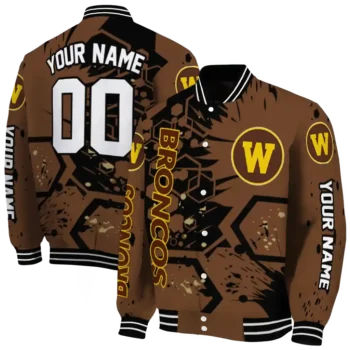 customized western michigan broncos hexagon cluster brown black varsity jacket fashion forward.webp