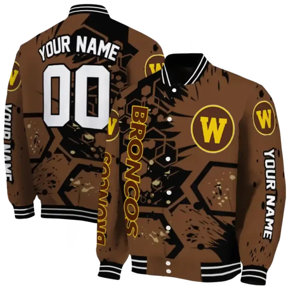 customized western michigan broncos hexagon cluster brown black varsity jacket fashion forward.webp