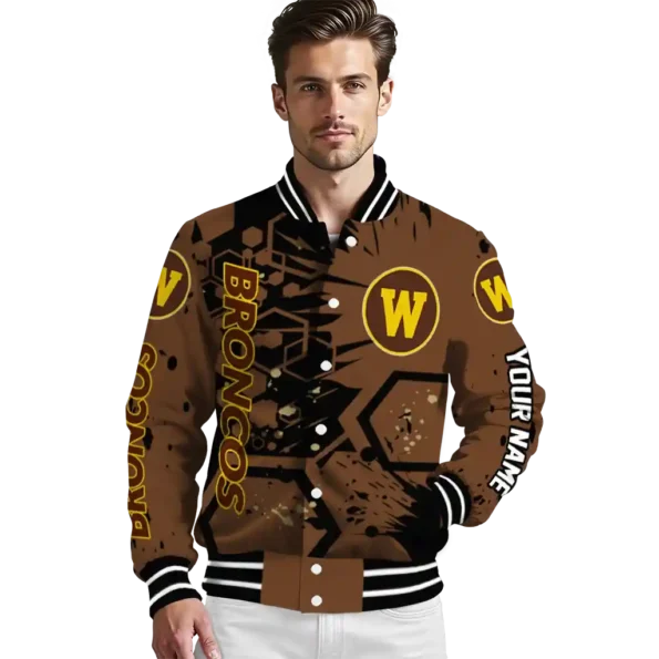 customized western michigan broncos hexagon cluster brown black varsity jacket high quality.webp