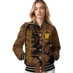customized western michigan broncos hexagon cluster brown black varsity jacket best selling.webp