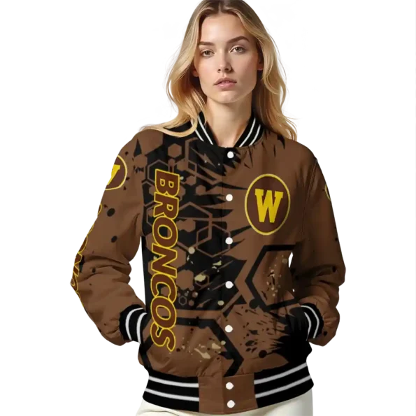 customized western michigan broncos hexagon cluster brown black varsity jacket latest model.webp