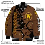 customized western michigan broncos hexagon cluster brown black varsity jacket best selling.webp