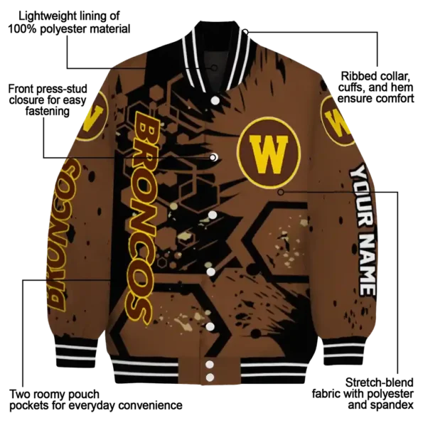 customized western michigan broncos hexagon cluster brown black varsity jacket new arrival.webp
