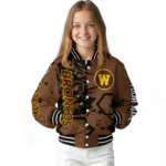 customized western michigan broncos hexagon cluster brown black varsity jacket best selling.webp