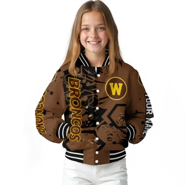 customized western michigan broncos hexagon cluster brown black varsity jacket top rated.webp