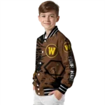 customized western michigan broncos hexagon cluster brown black varsity jacket best selling.webp