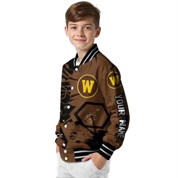 customized western michigan broncos hexagon cluster brown black varsity jacket trendy.webp