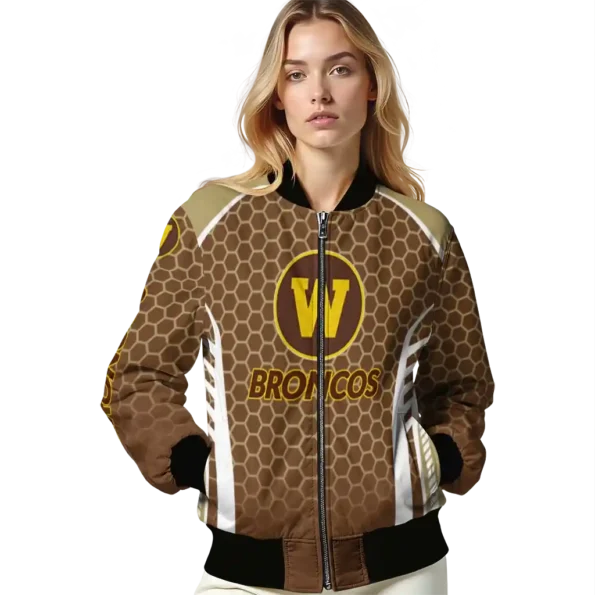 customized western michigan broncos hexagon grid brown bomber jacket latest model