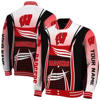 customized wisconsin badgers mesh effect red black varsity jacket fashion forward.webp