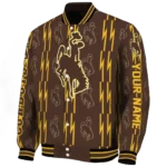 customized wyoming cowboys bolt stripe brown varsity jacket best selling.webp