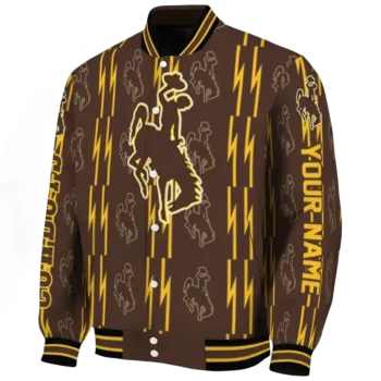 customized wyoming cowboys bolt stripe brown varsity jacket best selling.webp