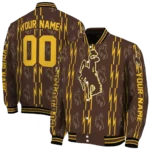 customized wyoming cowboys bolt stripe brown varsity jacket best selling.webp