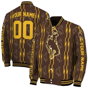 customized wyoming cowboys bolt stripe brown varsity jacket fashion forward.webp