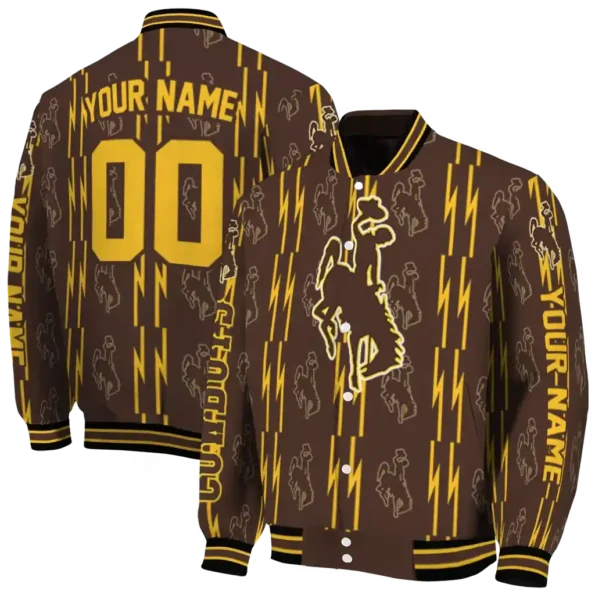 customized wyoming cowboys bolt stripe brown varsity jacket fashion forward.webp