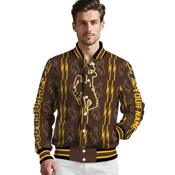 customized wyoming cowboys bolt stripe brown varsity jacket high quality.webp