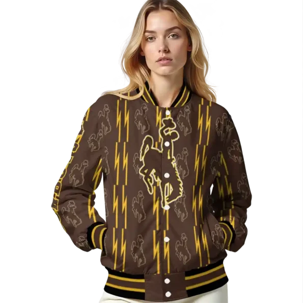 customized wyoming cowboys bolt stripe brown varsity jacket latest model.webp