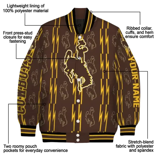 customized wyoming cowboys bolt stripe brown varsity jacket new arrival.webp