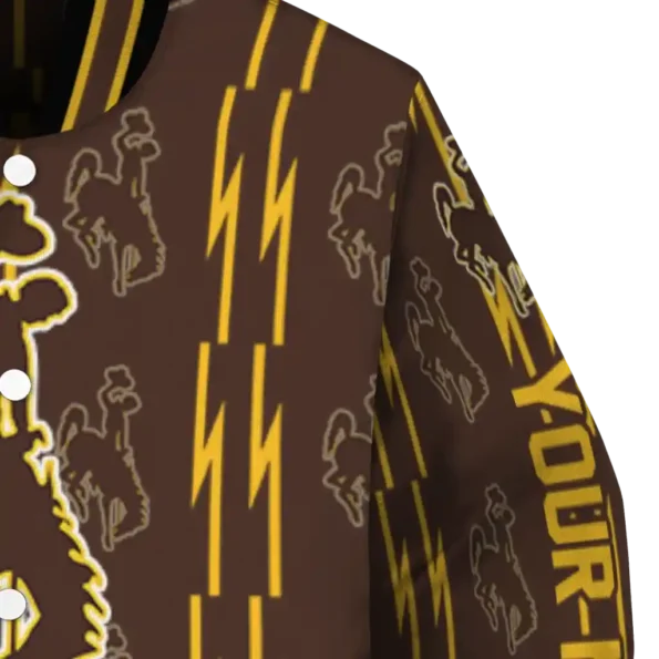 customized wyoming cowboys bolt stripe brown varsity jacket premium grade.webp