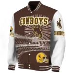 customized wyoming cowboys ferris arena brown white varsity jacket best selling.webp