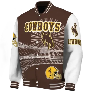 customized wyoming cowboys ferris arena brown white varsity jacket best selling.webp