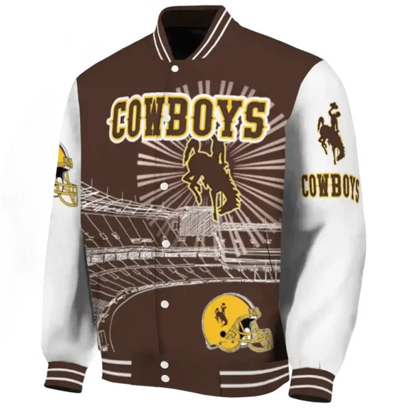 customized wyoming cowboys ferris arena brown white varsity jacket best selling.webp