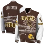 customized wyoming cowboys ferris arena brown white varsity jacket best selling.webp