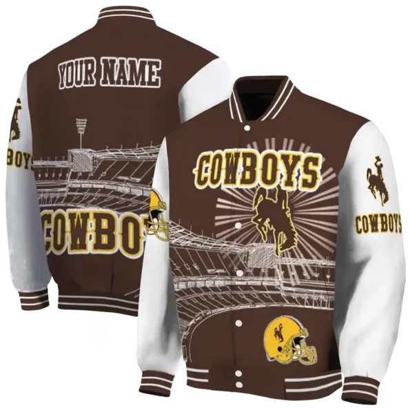 customized wyoming cowboys ferris arena brown white varsity jacket fashion forward.webp